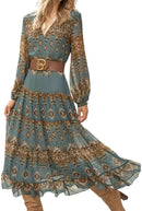 Women's Flowy Ethnic Puff Long Sleeve Midi Dress Casual Boho Floral Swing V-Neck Vacation Ruffle Dress with Belt