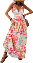 MakeMeChic Women's Boho V Neck Sleeveless Maxi Sundress Floral Print Criss Cross Backless Flare Cami Dress