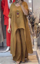 Women's Round Neck Long Cotton and Linen Two Piece Suit