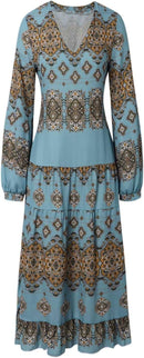 Women's Flowy Ethnic Puff Long Sleeve Midi Dress Casual Boho Floral Swing V-Neck Vacation Ruffle Dress with Belt