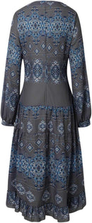 Women's Flowy Ethnic Puff Long Sleeve Midi Dress Casual Boho Floral Swing V-Neck Vacation Ruffle Dress with Belt