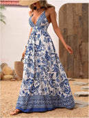 MakeMeChic Women's Boho V Neck Sleeveless Maxi Sundress Floral Print Criss Cross Backless Flare Cami Dress