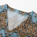 Women's Flowy Ethnic Puff Long Sleeve Midi Dress Casual Boho Floral Swing V-Neck Vacation Ruffle Dress with Belt