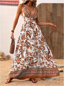 MakeMeChic Women's Boho V Neck Sleeveless Maxi Sundress Floral Print Criss Cross Backless Flare Cami Dress