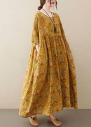 Natural light Yellow O-Neck Pockets Print Summer Sundress
