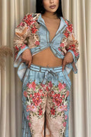 Women's Casual Contrast Print Pants Suit