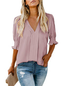 Women's Solid Casual V Neck Puff Sleeve Shirts (Buy 2 Free Shipping)
