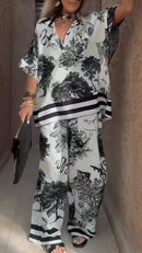 Women's V-neck Top + Printed Trousers Casual Suit