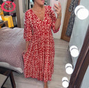 Bohemian casual print V-neck waist wrap long dress