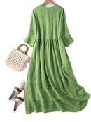 Women's Literary Retro V-neck Solid Color Mid-sleeved Dress