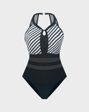 Striped Halter Neck Mesh Insert One-Piece Swimsuit