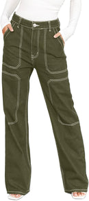 Dokotoo Women's Casual Mid Waist Cargo Jeans Stretch Wide Leg Denim Pants with Pockets