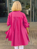 Solid Color Long Cotton Shirt Jackets Women Swing Shap Flattering Gathered Yolk At The Back