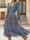 Women's Flowy Ethnic Puff Long Sleeve Midi Dress Casual Boho Floral Swing V-Neck Vacation Ruffle Dress with Belt