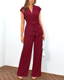 PRETTYGARDEN Women's Summer 2 Piece Outfits 2025 Cap Sleeve V Neck Blazer Vest Wide Leg Pant Sets Office Work Clothes