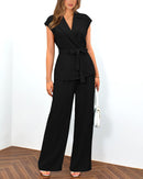 PRETTYGARDEN Women's Summer 2 Piece Outfits 2025 Cap Sleeve V Neck Blazer Vest Wide Leg Pant Sets Office Work Clothes