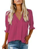 Women's Solid Casual V Neck Puff Sleeve Shirts (Buy 2 Free Shipping)