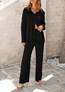 Women's 2 Piece Textured Sets Casual Button Down Shirt Wide Leg Pants Outfit Loungewear Tracksuit