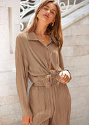 Women's 2 Piece Textured Sets Casual Button Down Shirt Wide Leg Pants Outfit Loungewear Tracksuit