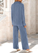 Women's 2 Piece Textured Sets Casual Button Down Shirt Wide Leg Pants Outfit Loungewear Tracksuit