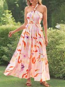 GRACE KARIN Women's Summer Dresses 2025 Halter Neck Sleeveless Smocked Backless Cut Out Floral Flowy A Line Maxi Dress