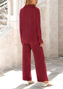Women's 2 Piece Textured Sets Casual Button Down Shirt Wide Leg Pants Outfit Loungewear Tracksuit