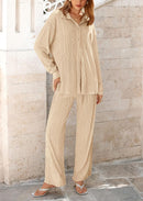 Women's 2 Piece Textured Sets Casual Button Down Shirt Wide Leg Pants Outfit Loungewear Tracksuit
