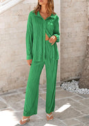 Women's 2 Piece Textured Sets Casual Button Down Shirt Wide Leg Pants Outfit Loungewear Tracksuit