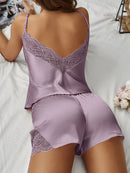 🧚Women Satin Pajama Set Sexy V Neck Backless Lace Sleepwear