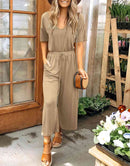 ANRABESS Short Sleeve V Neck Elastic Waist Wide Leg Cropped Pant Jumpsuits Rompers
