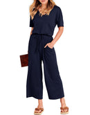 ANRABESS Short Sleeve V Neck Elastic Waist Wide Leg Cropped Pant Jumpsuits Rompers