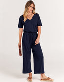 ANRABESS Short Sleeve V Neck Elastic Waist Wide Leg Cropped Pant Jumpsuits Rompers