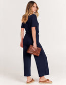 ANRABESS Short Sleeve V Neck Elastic Waist Wide Leg Cropped Pant Jumpsuits Rompers