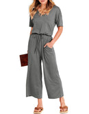 ANRABESS Short Sleeve V Neck Elastic Waist Wide Leg Cropped Pant Jumpsuits Rompers