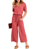 ANRABESS Short Sleeve V Neck Elastic Waist Wide Leg Cropped Pant Jumpsuits Rompers