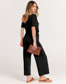 ANRABESS Short Sleeve V Neck Elastic Waist Wide Leg Cropped Pant Jumpsuits Rompers