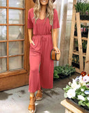 ANRABESS Short Sleeve V Neck Elastic Waist Wide Leg Cropped Pant Jumpsuits Rompers