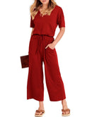 ANRABESS Short Sleeve V Neck Elastic Waist Wide Leg Cropped Pant Jumpsuits Rompers