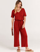 ANRABESS Short Sleeve V Neck Elastic Waist Wide Leg Cropped Pant Jumpsuits Rompers