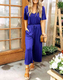 ANRABESS Short Sleeve V Neck Elastic Waist Wide Leg Cropped Pant Jumpsuits Rompers