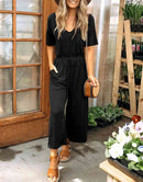 ANRABESS Short Sleeve V Neck Elastic Waist Wide Leg Cropped Pant Jumpsuits Rompers