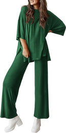 Casual 2-Piece Loose-Fit Short Sleeve Top & Wide-Leg Pants Set with Pockets
