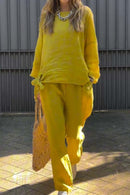 Women's casual solid color cotton and linen two-piece set