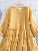 Medium Sleeved Cotton Linen Loose Lace Up Large Swing Dress