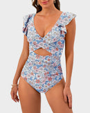 Ruffle Sleeve Cut-Out Ruched One-Piece Swimsuit