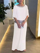 NEW🔥 Women's Round Neck Sequins Color Clash Bat Shirt Wide Leg Pants Set