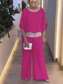 NEW🔥 Women's Round Neck Sequins Color Clash Bat Shirt Wide Leg Pants Set