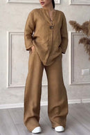 Women Casual button decorated cotton and linen two-piece set